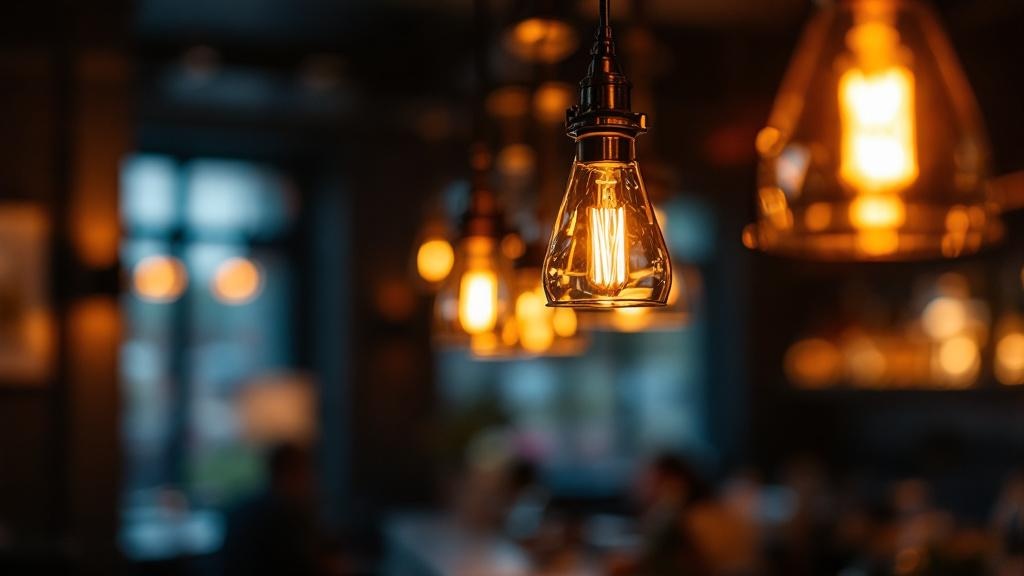 Detalle de iluminación de restaurante con lámparas colgantes creando ambiente cálido