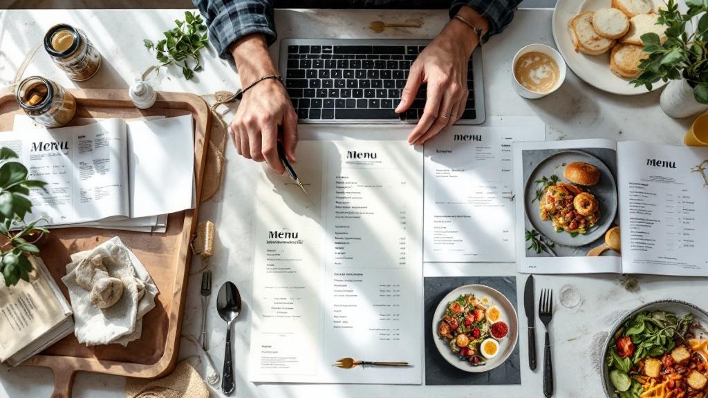 Proceso de diseño de carta con tipografías, fotos de platos y muestras gráficas sobre mesa